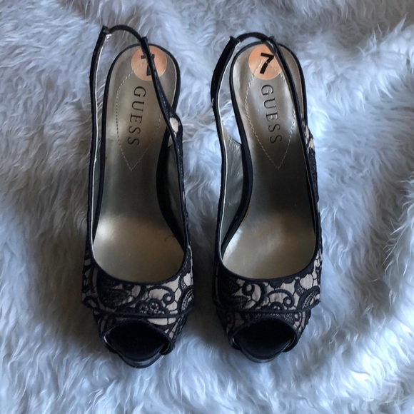 GUESS OPEN TOE FABRIC HEELS - Picture 1 of 6
